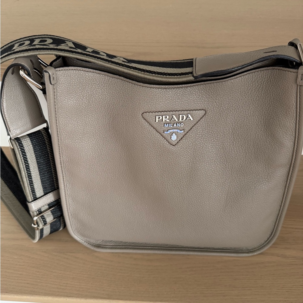 Prada Taupe Leather Crossbody Bag with Black & White Strap